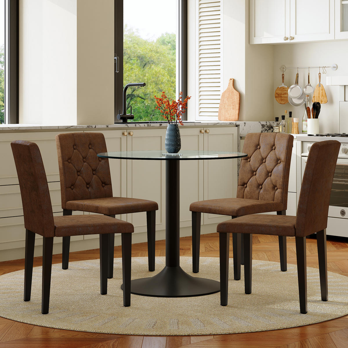 ESSGRUPPE DE-39482 5-teilig, Glastisch und 4 Stühlen mit Rautensteppung Braun - Braun, Metall (85/75/85cm) - ComfortXL