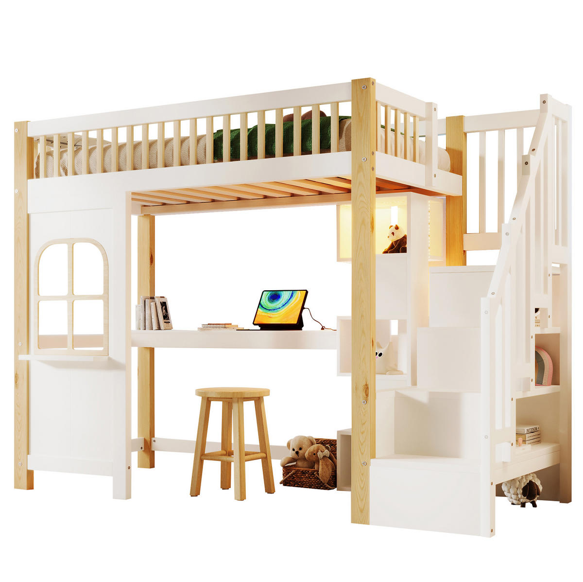 VISOKI krevet 90/200 cm s LED osvjetljenjem, stolom, policama i spremištem, Borovina + MDF, Bijela i prirodna - bijela, drvo (140/200cm) - Redom