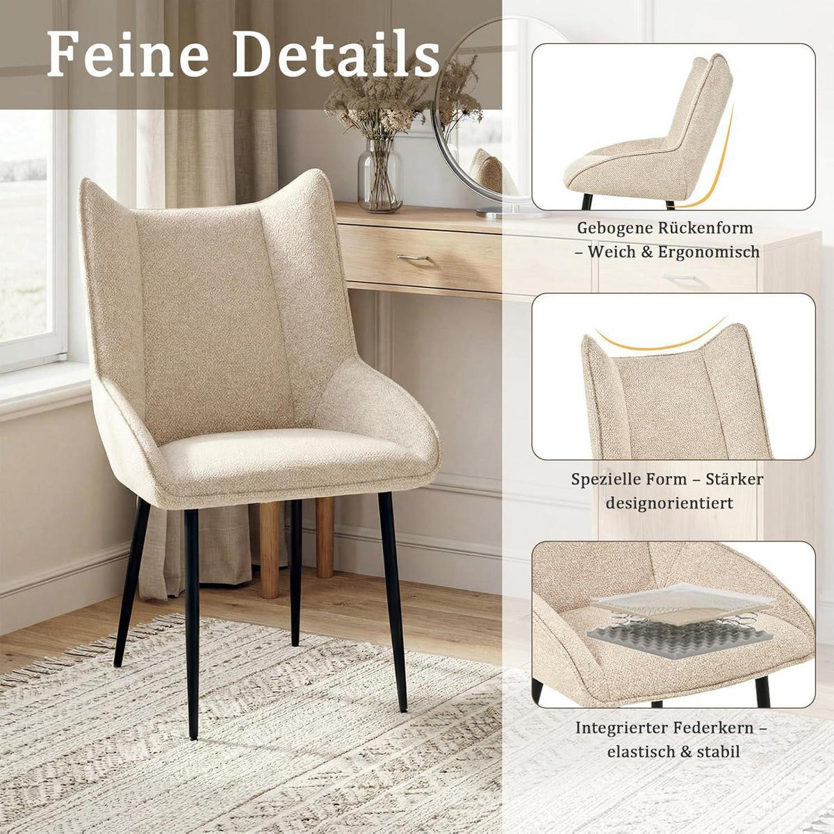 ESSZIMMERSTÜHLE 4er Set Creme Strukturstoff mit verstellbaren Füßen - Creme, Textil (49/88/61.5cm)