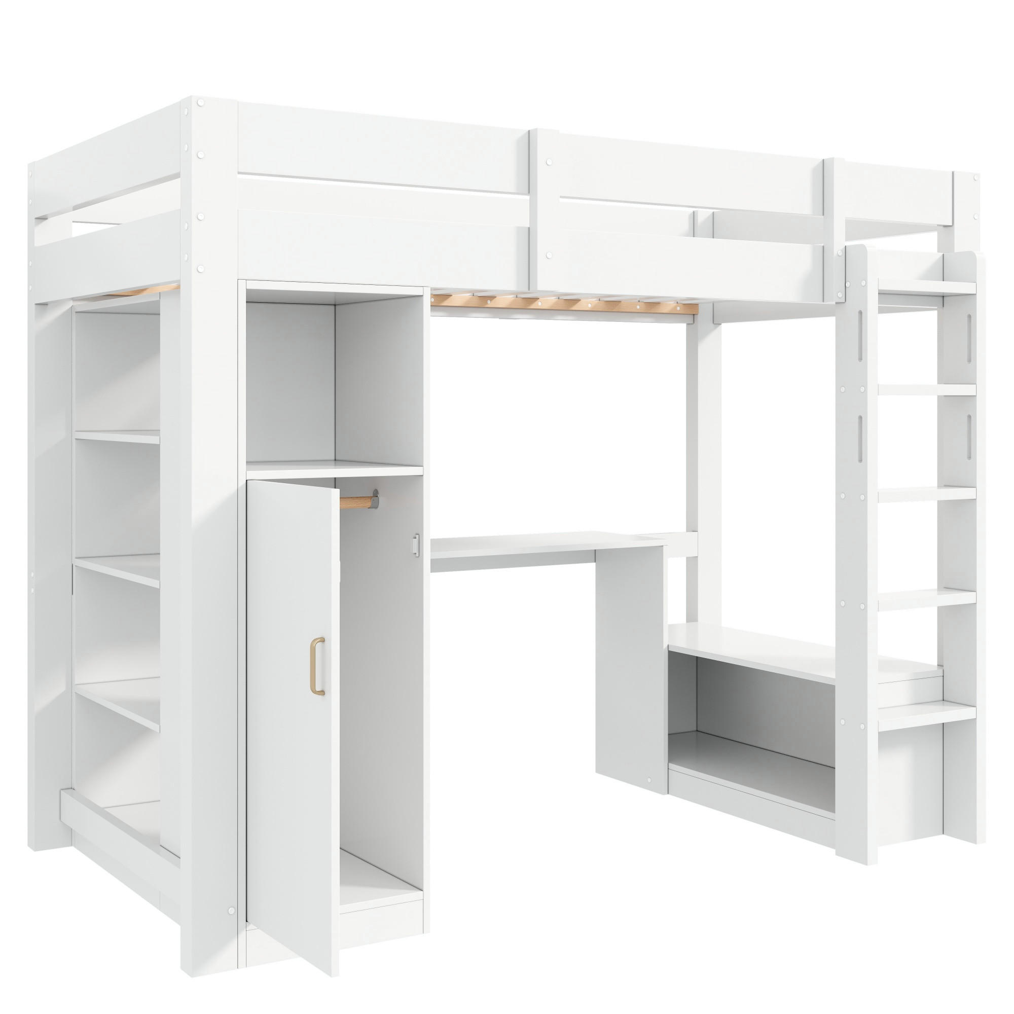 HOCHBETT weiß 90 × 200 cm aus Kiefernholz‑MDF mit Kleiderschrank, Regalen, Unterbettschreibtisch, LED‑Beleuchtung und USB‑Anschluss - Weiß, Holzwerkstoff (90/200cm) - Luhomfu