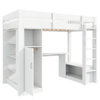 HOCHBETT weiß 90 × 200 cm aus Kiefernholz‑MDF mit Kleiderschrank, Regalen, Unterbettschreibtisch, LED‑Beleuchtung und USB‑Anschluss - Weiß, Holzwerkstoff (90/200cm) - Luhomfu