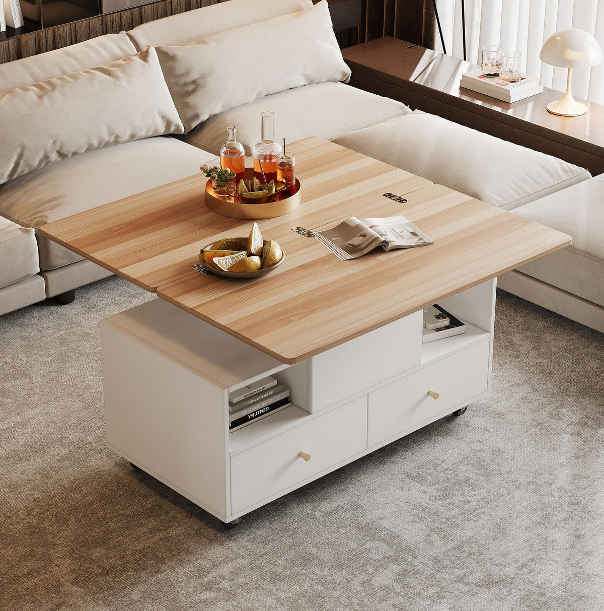 COUCHTISCH 100/50/47,5 cm höhenverstellbar mit Klappfunktion und 4 Schubladen - Naturfarben, Holzwerkstoff (100/50/47.5cm) - Flora Grace