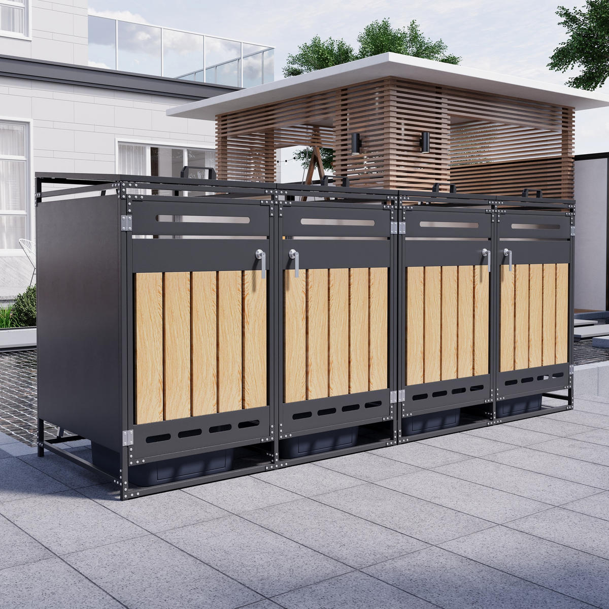 MÜLLTONNENBOX 4er Set Hydraulik Deckel Holzoptik Schloss - Schwarz, Metall (262/116/79cm) - LEBENLANG
