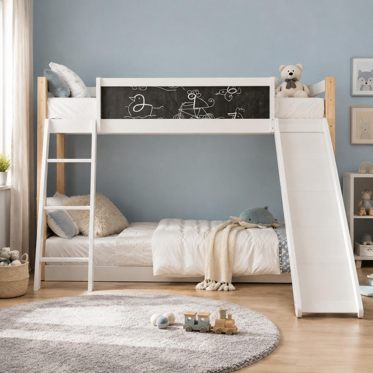 ETAGENBETT 90/200+90/190 mit Rutsche, Treppe und Schutzgitter - Weiß, Holzwerkstoff (90/200cm) - EVRYAE