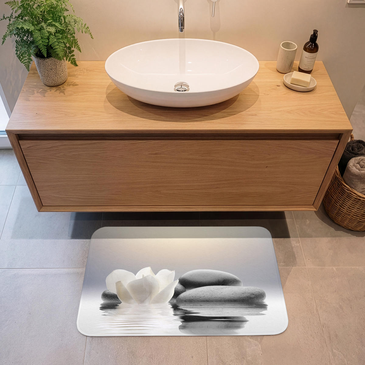 KOUPELNOVÁ PŘEDLOŽKA Kameny - Lotos - Bílý - Voda - Zen 80x50 cm - bílá, textil/plast (80/50cm) - OnlyWow