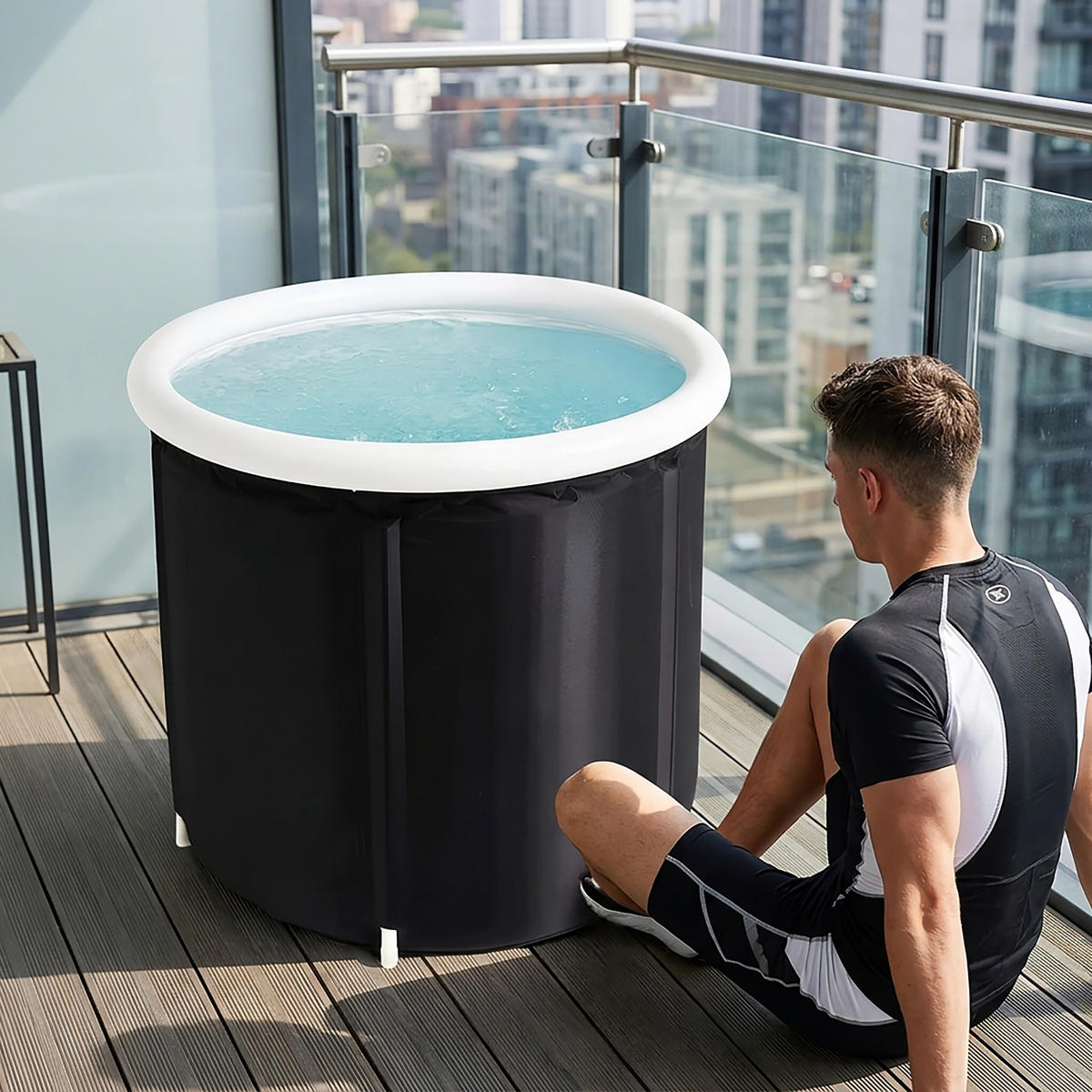 EISBADEWANNE Schwarz Weiß aufblasbar mit Thermodeckel 320 l - Schwarz, Kunststoff/Textil (75/75/75cm) - Relaxdays
