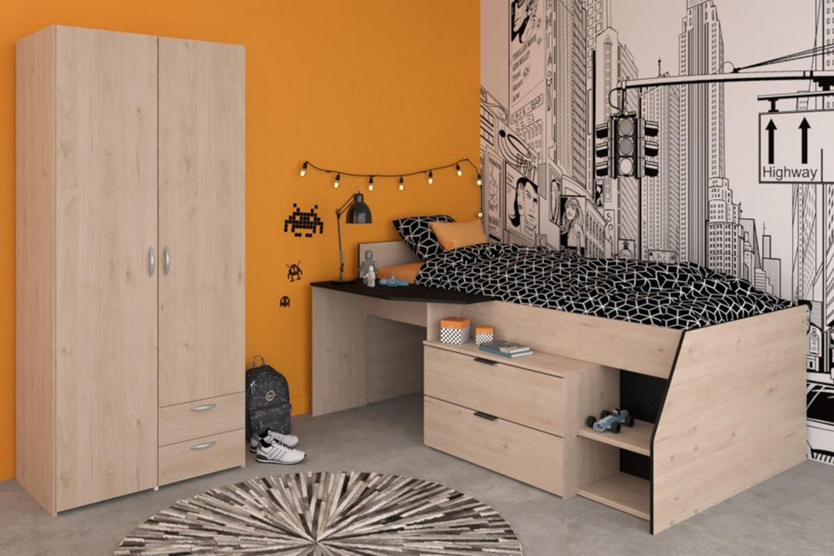 KINDERZIMMER SET Parisot Milky 2-tlg. Holzdekor Weiß/Eiche - Eichefarben/Schwarz, Kunststoff (100/1/200cm) - 58aufmkessel