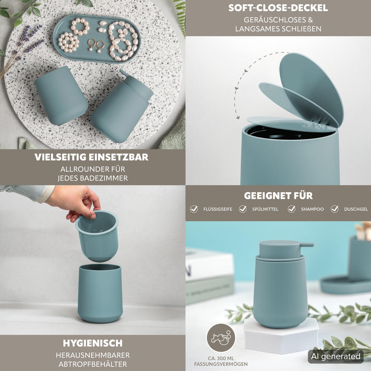 BAD-ACCESSOIRES-SET TESERO, Soft-Touch, hellblau - Hellblau, Kunststoff (22.5/25.5/25cm) - eluno