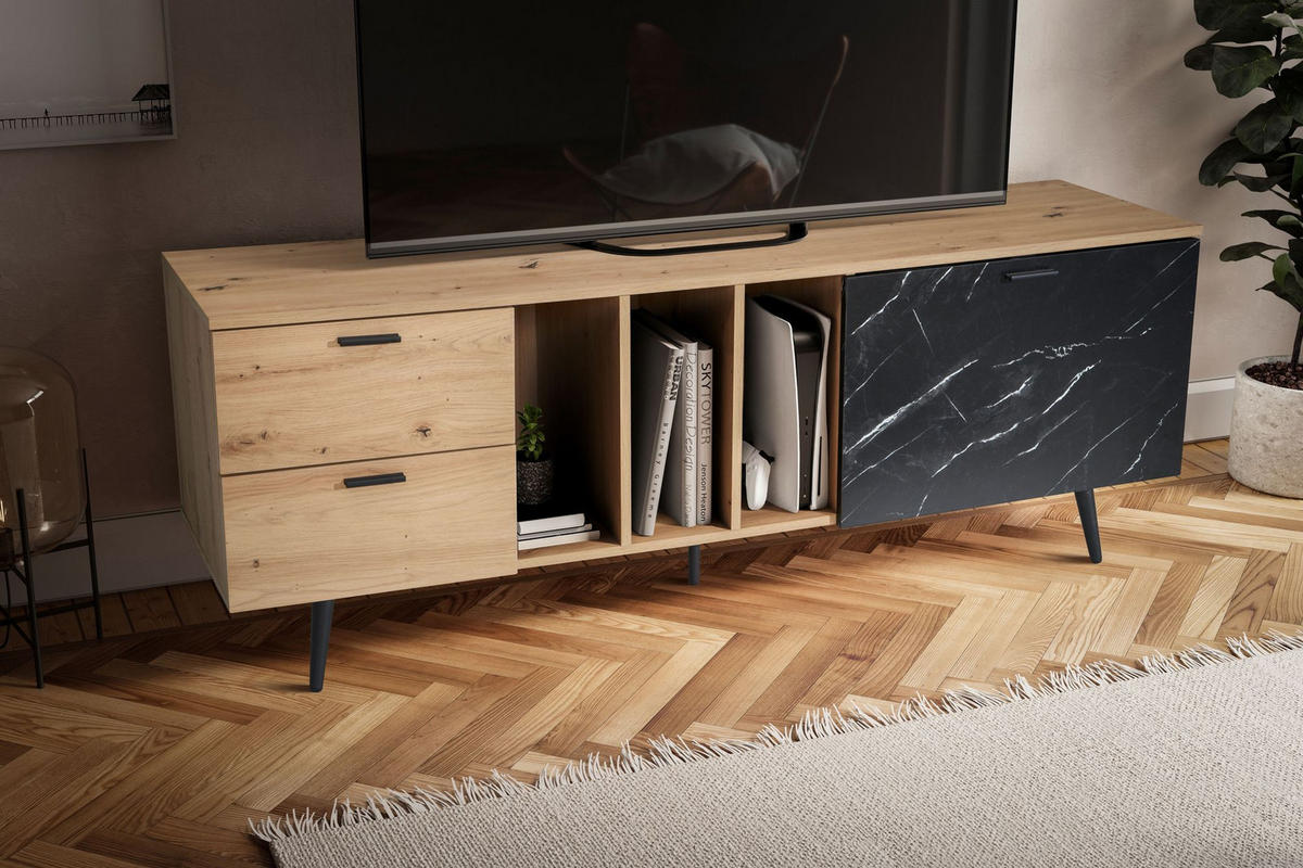 TV-LOWBOARD mit Eiche-Dekor, Tür und Schubladen, kompakte Aufteilung, Braun-Schwarz/Marmoroptik 150x40x55 cm - Schwarz/Braun, Holzwerkstoff/Metall (150/55/40cm) - KADIMA DESIGN