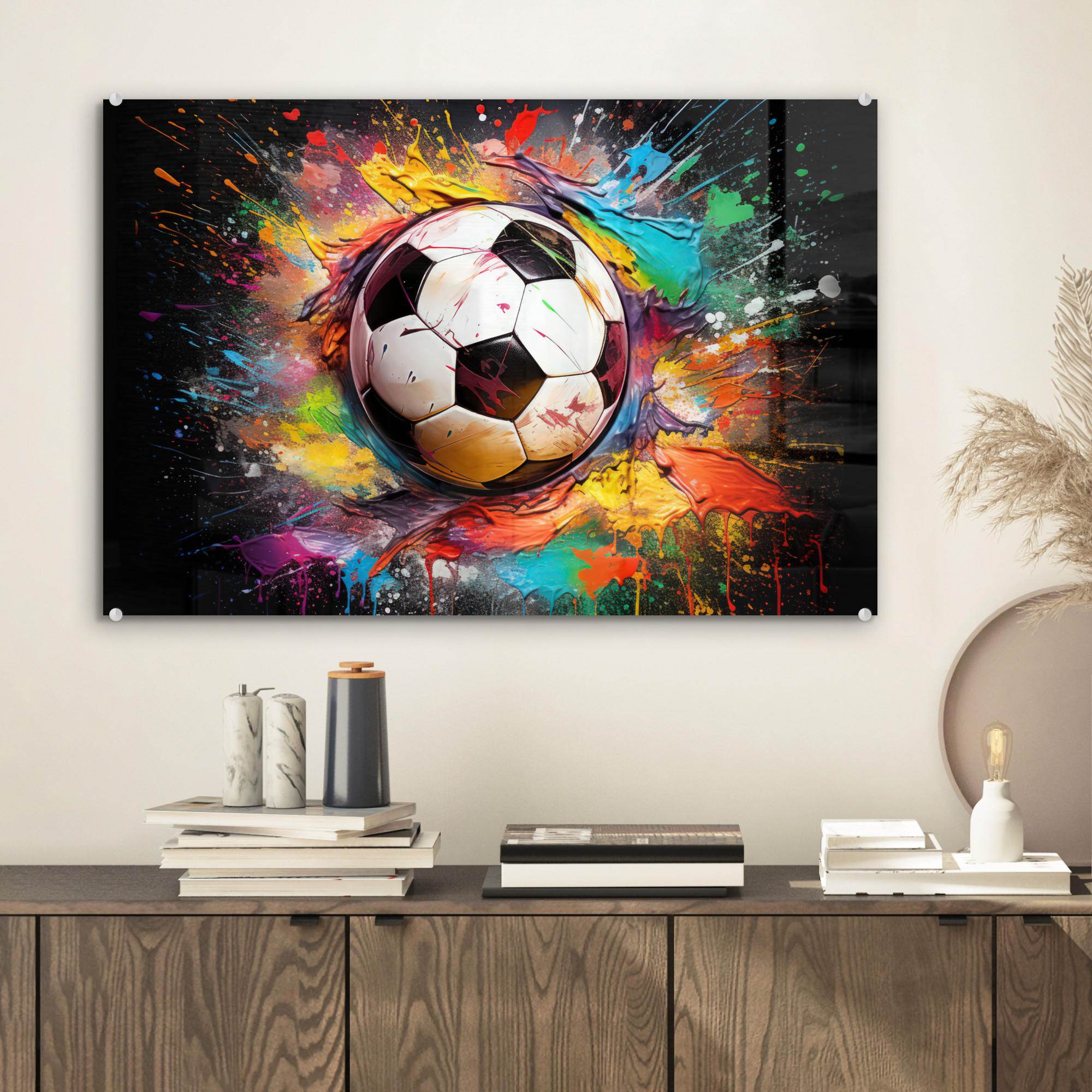 ACRYLGLASBILD Fußball - Farbe - Farben - Schwarz - Weiß 60x40 cm - Weiß, Glas (60/40cm) - MuchoWow