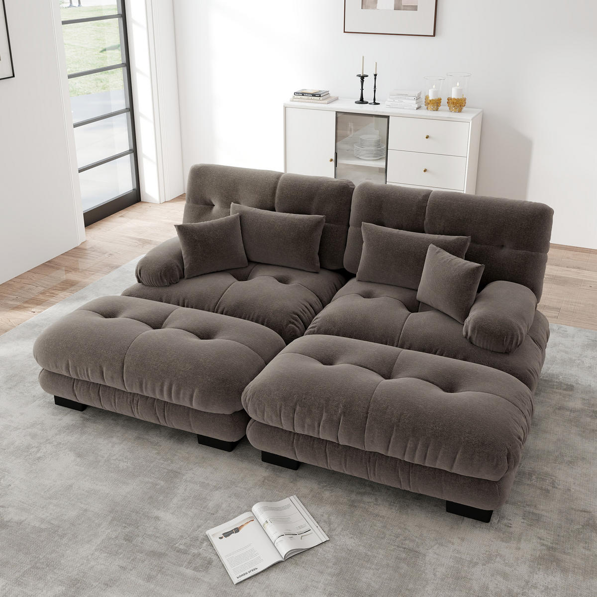 2-SITZER SOFA Chenille Braun mit Ottomans und Kissen - Braun, Textil (220/81/145cm) - WISHDOR