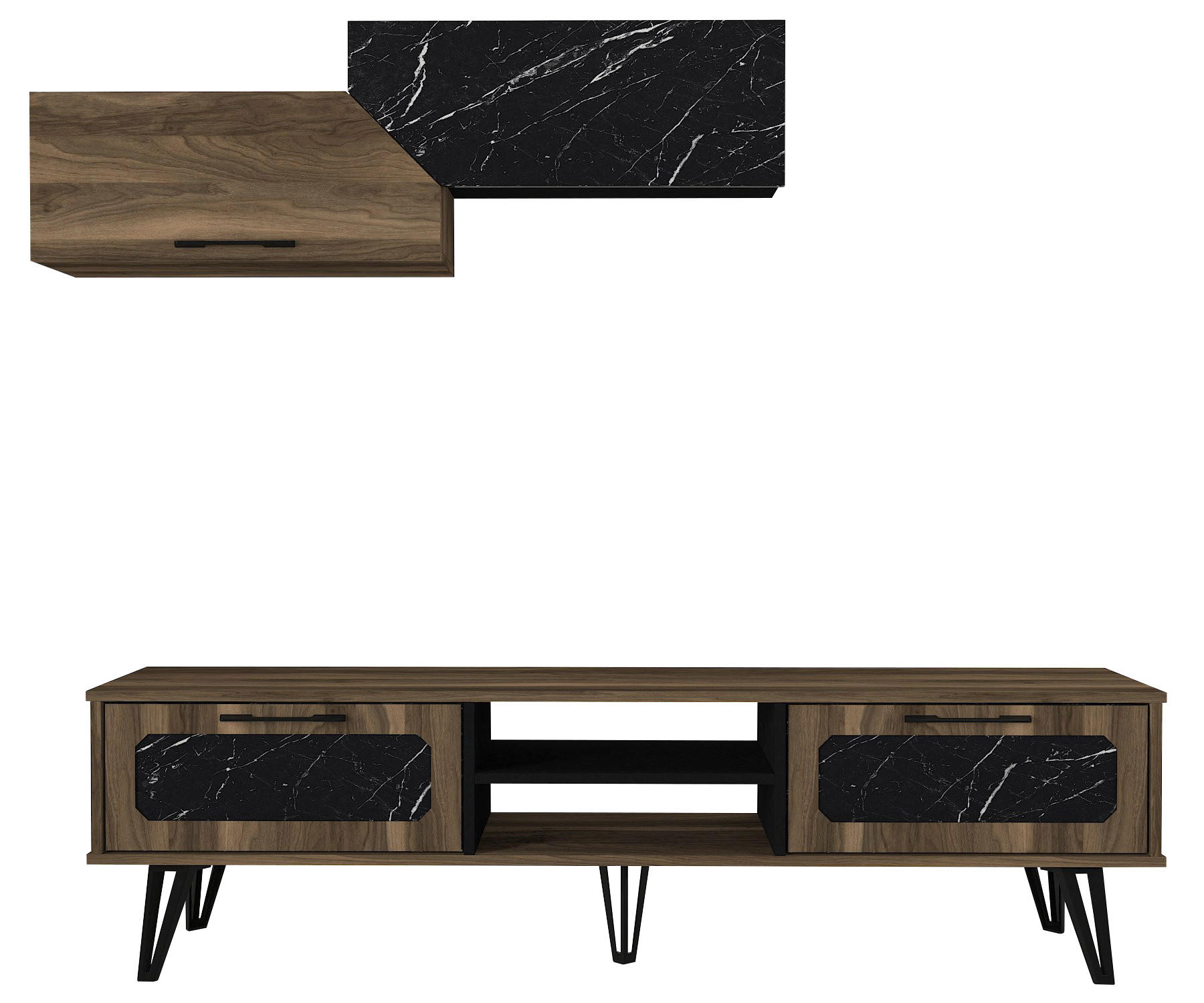 WOHNWAND Lampert Walnuss Marmor Optik - Walnussfarben/Schwarz, Holzwerkstoff/Metall (180/51/35cm) - moebel17