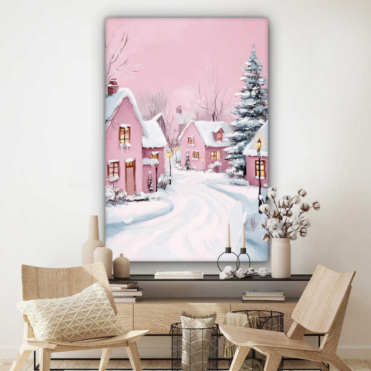 SLIKA NA PLATNU Božična vas 90x140 cm - starinsko roza, tekstil (90/140cm) - MuchoWow