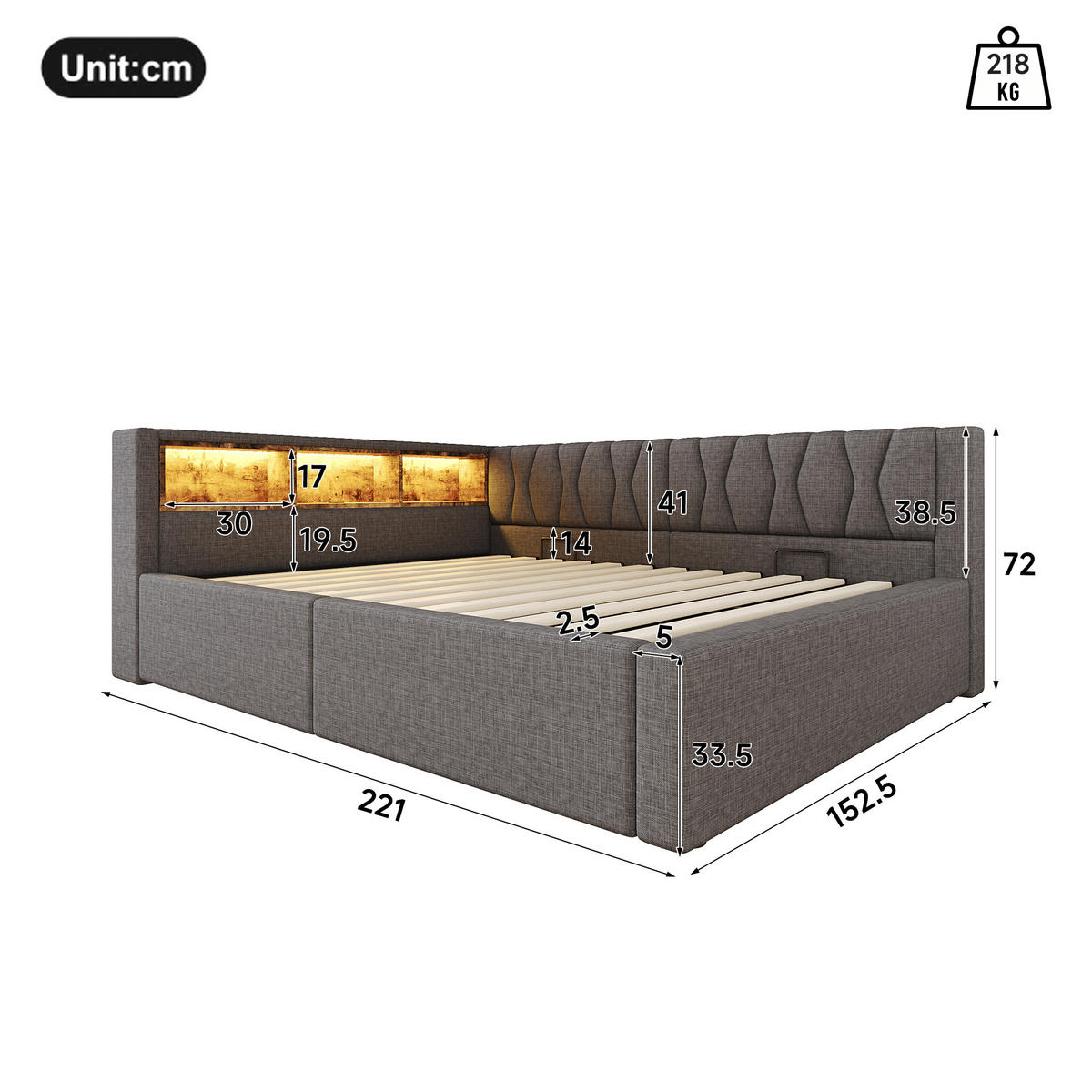 DENNÍ POSTEL 140x200cm Pohovka Úložná LED USB Šedá - šedá, přírodní materiály (140/200cm) - FLIEKS