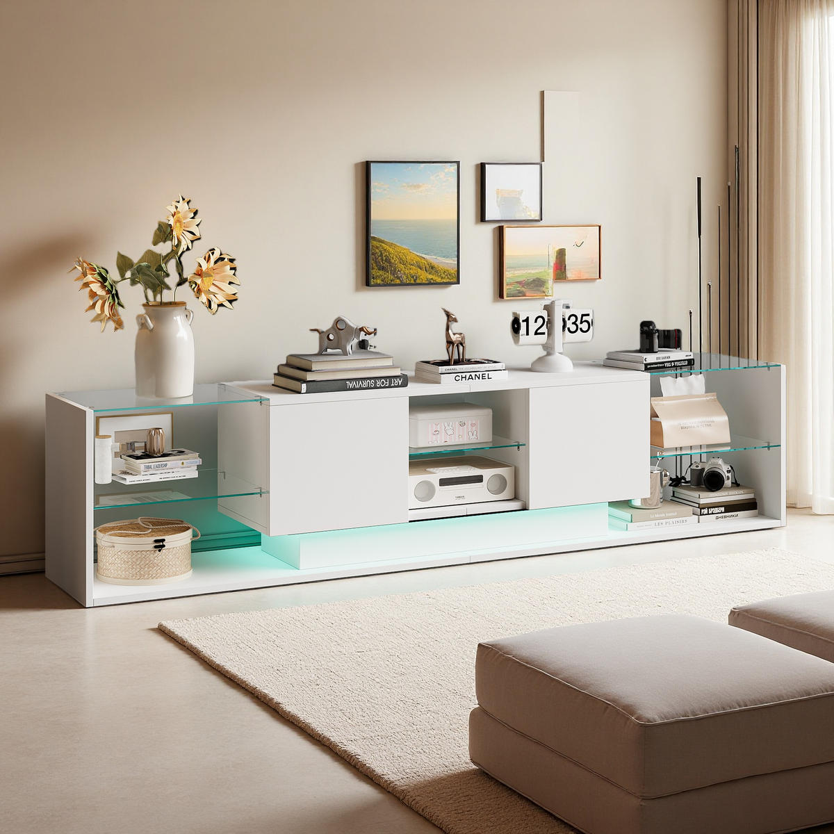 TV-SCHRANK Weiß-Hochglanz mit LED-Licht & Glasfächern - Weiß, Holzwerkstoff (35/45/200cm) - SHOPENTRA