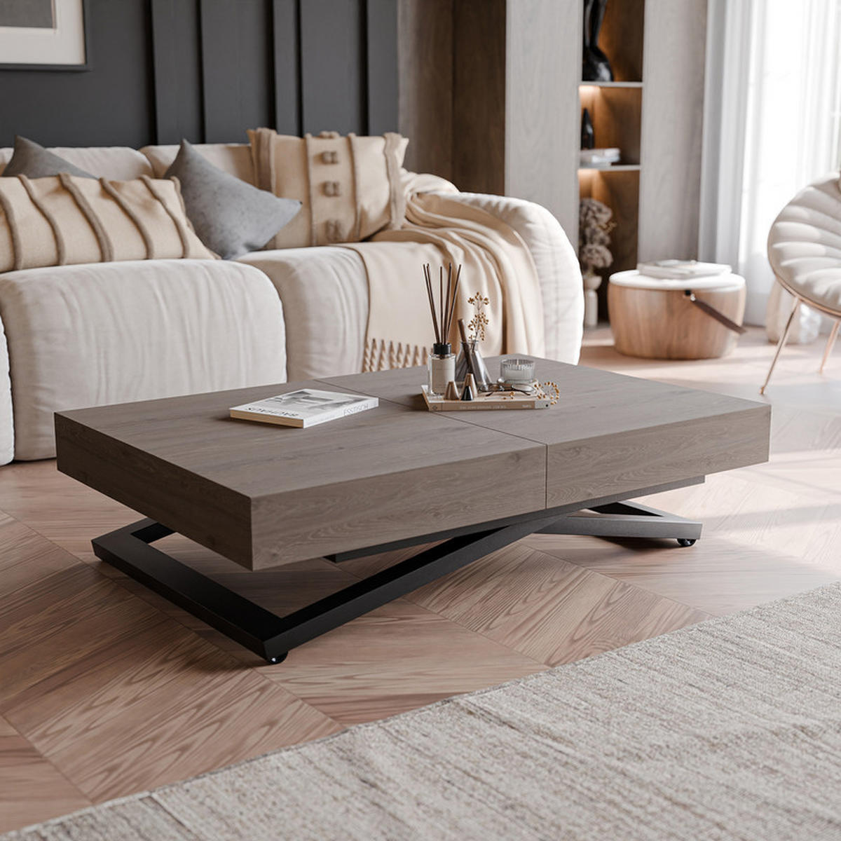 COUCHTISCH SANELLE ausziehbar mit Liftfunktion, 120/80/76 cm Schwarz / Davos-Eiche - Eichefarben/Schwarz, Holzwerkstoff/Metall (120/80/27cm) - Idohome