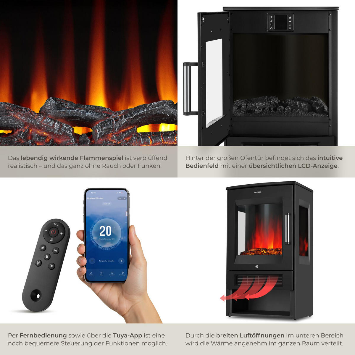 ELEKTROKAMIN Aidan, mit Fernbedienung und App-Steuerung, schwarz - Schwarz, Metall (44/75/36cm) - tectake