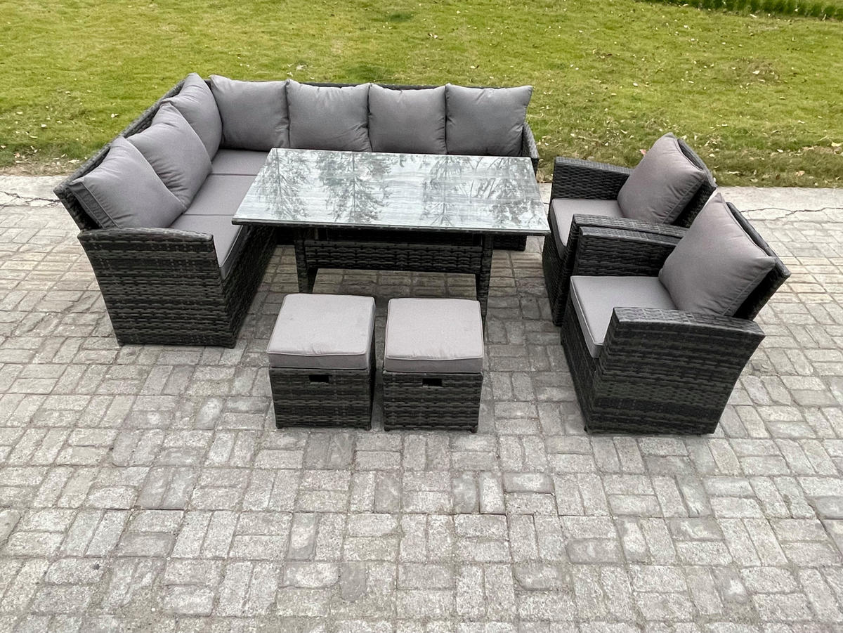 SITZGRUPPE mit Esstisch,Fußhocker,2 Stuhl Polyrattan Dunkelgrau 10-Sitzer - Dunkelgrau/Grau, Glas/Kunststoff - Fimous