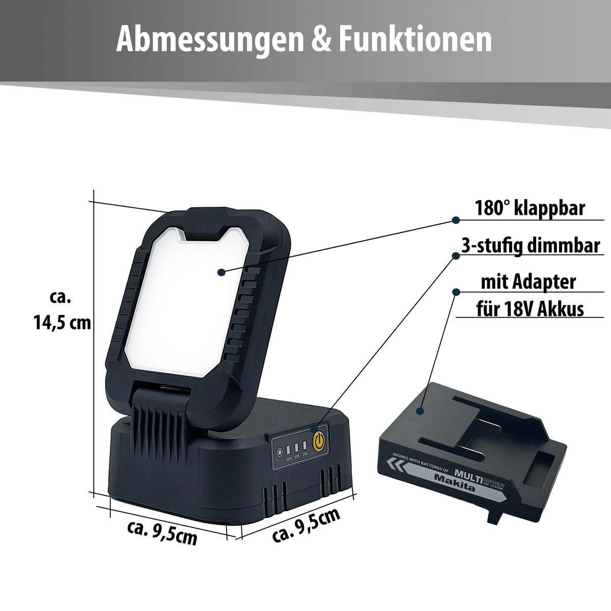 LED-ARBEITSLEUCHTE 180° klappbar 3-stufig dimmbar 1600lm für 18V Makita Akkus - Schwarz, Kunststoff (10.4/8.6/13.8cm) - Northpoint
