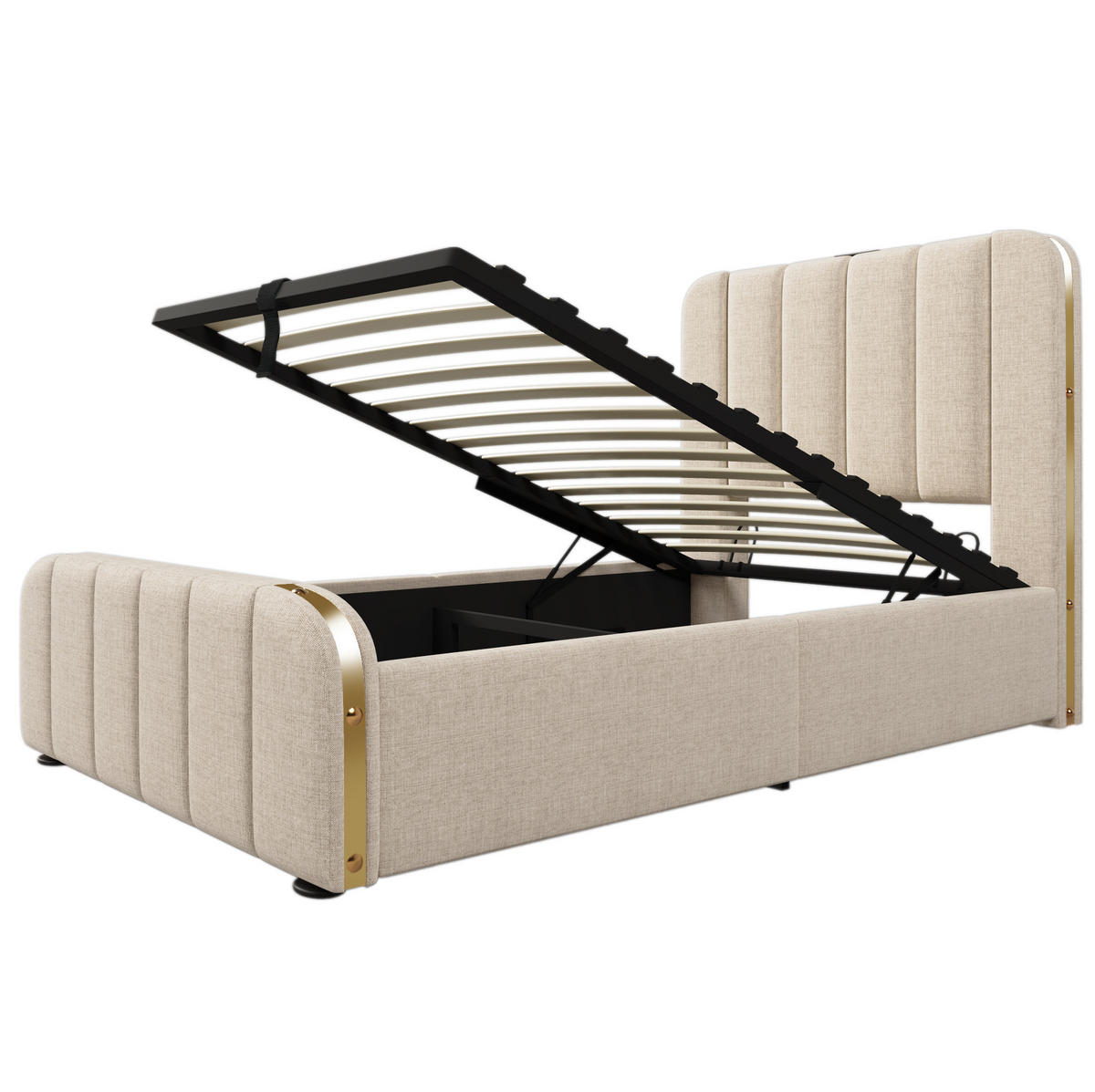 BETT mit Stauraum und USB/Typ-C 90x200 cm Leinen Beige - Beige, Metall (90/200cm) - Meubliv
