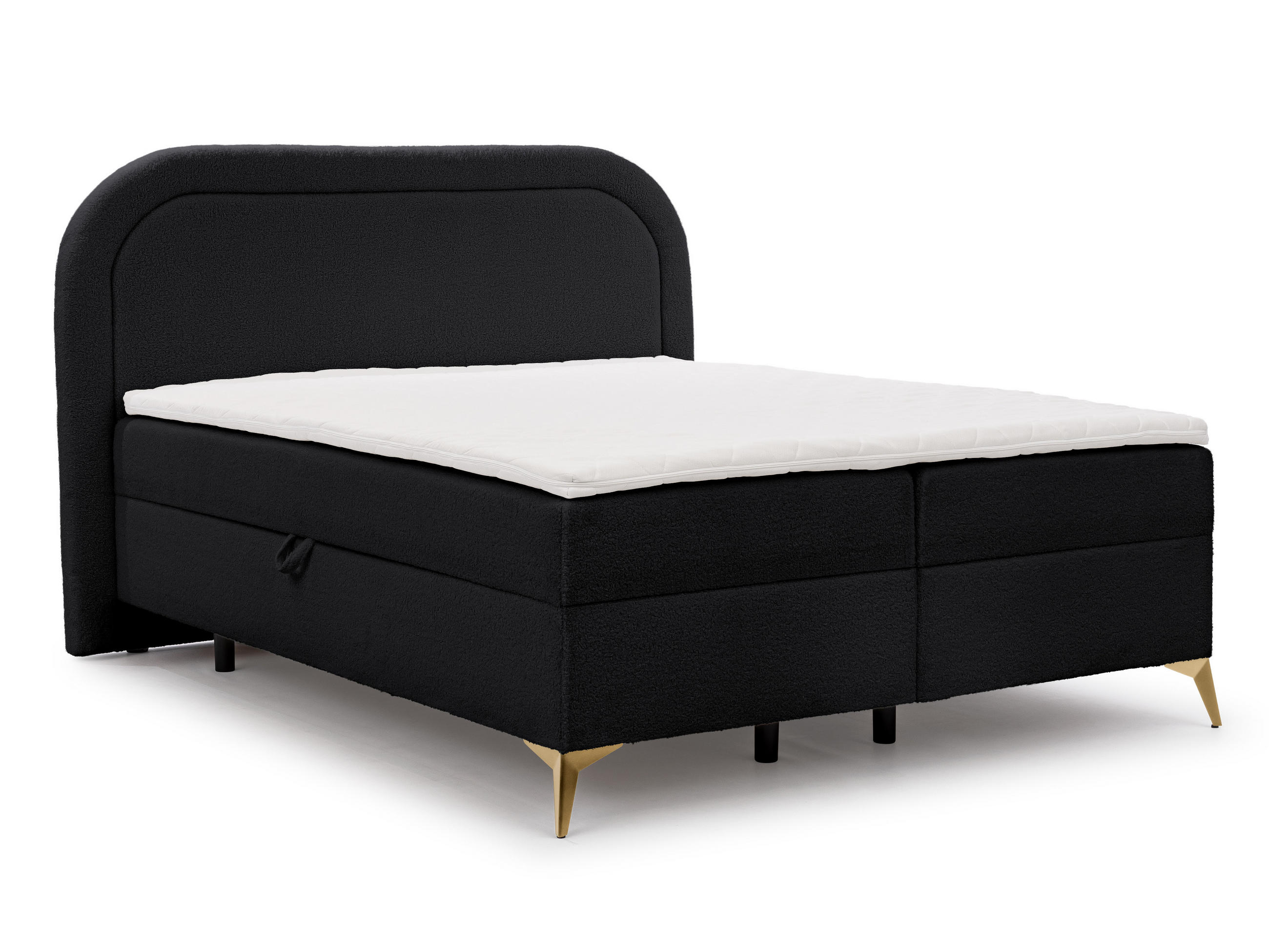 BOXBETT Sonna 140/200 cm Schwarz Bouclé-Stoff mit abgerundetem Kopfteil und mit goldenen Metallfüßen - Goldfarben/Schwarz, Holz/Textil (140/200cm) - S-Style Möbel