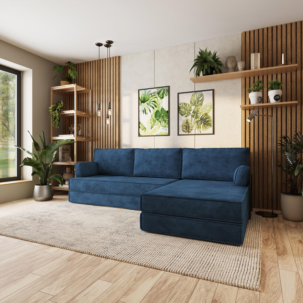 ECKSOFA ANKO modulares Boneless Sofa mit Schlaffunktion Blau Kordstoff - Blau, Textil (270/160cm) - MASSENO
