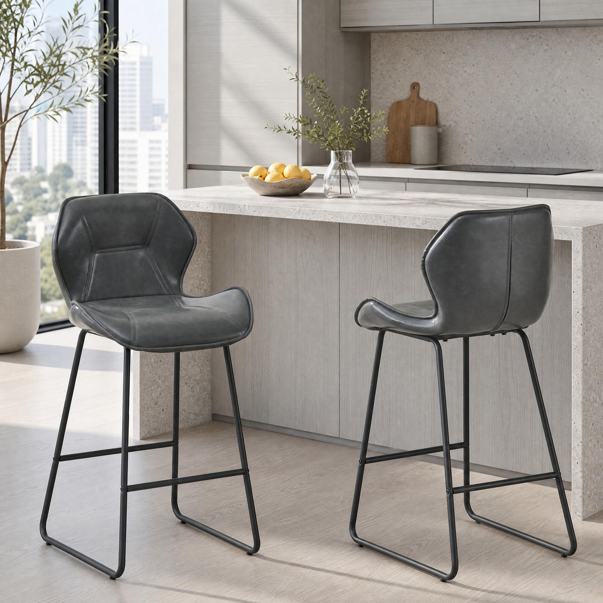 BARHOCKER 2er-Set Grau mit Kunstlederbezug und Fußstütze - Grau, Metall (47/91.5/48.5cm) - MIVRAY