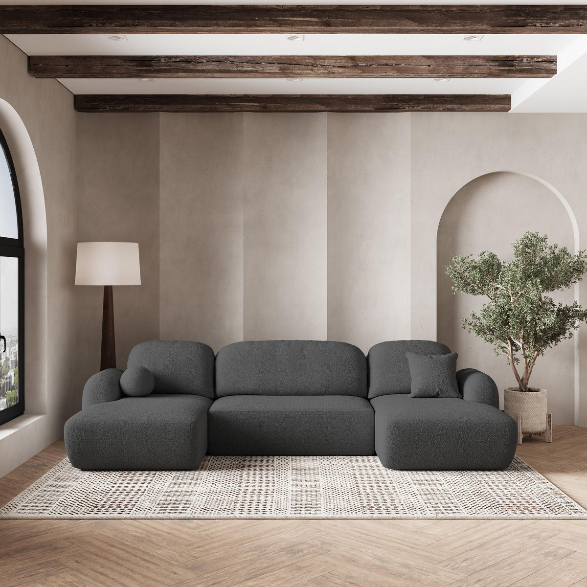 ROHOVÁ SEDAČKA SAVONA šedá - šedá/černá, dřevo/textil (320/148cm) - MASSENO