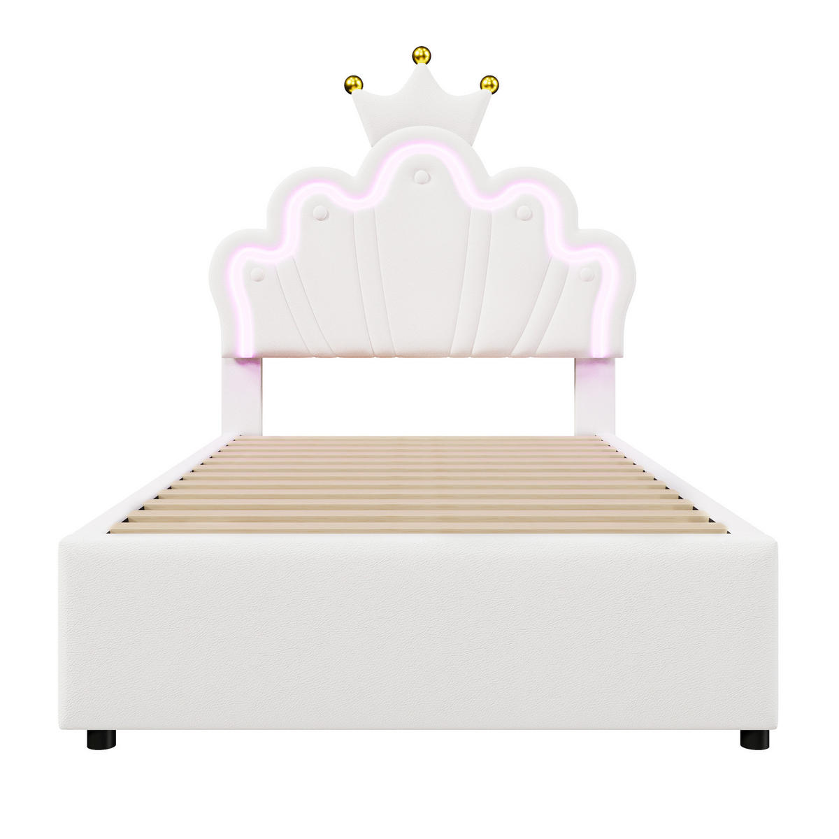 KINDEREINZELBETTEN aus Kunststoff 90x200 cm in Weiß mit LED-Beleuchtung & 2 Schubladen - Weiß, Leder (90/200cm) - Modfu