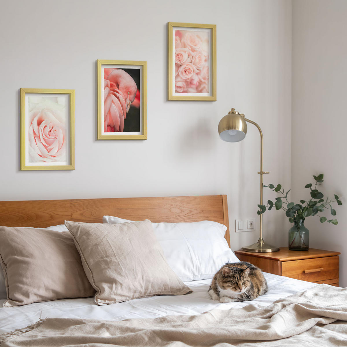 BILDER SET 3er Set - 20x30 cm Goldrahmen - Zartrosa Flamingos - Goldfarben, Kunststoff (20/30cm) - TULUP
