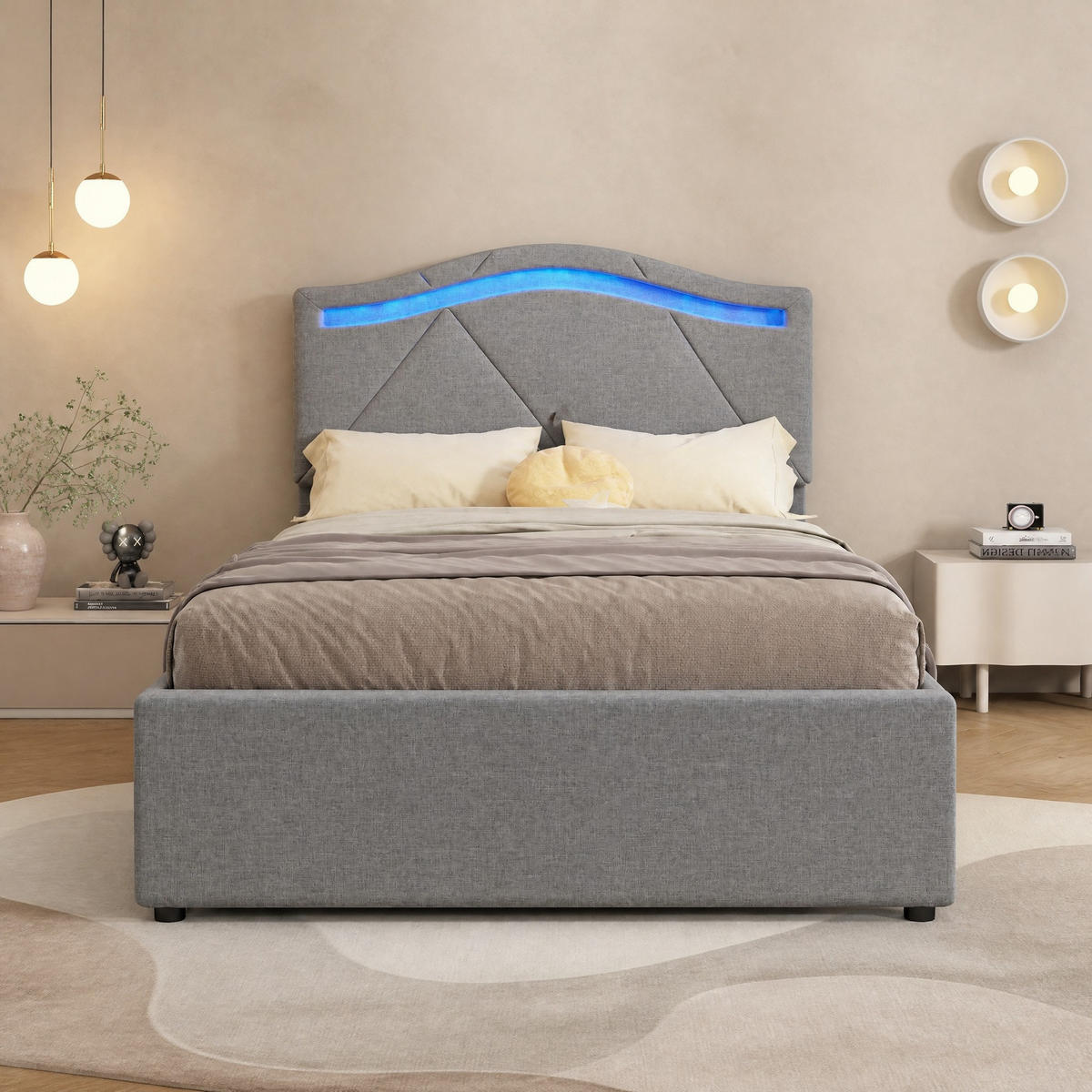 POLSTERBETT 90/200 mit LED, 2 Schubladen und verstellbarem Kopfteil in Grau - Grau, Holzwerkstoff/Textil (90/200cm) - EVRYAE