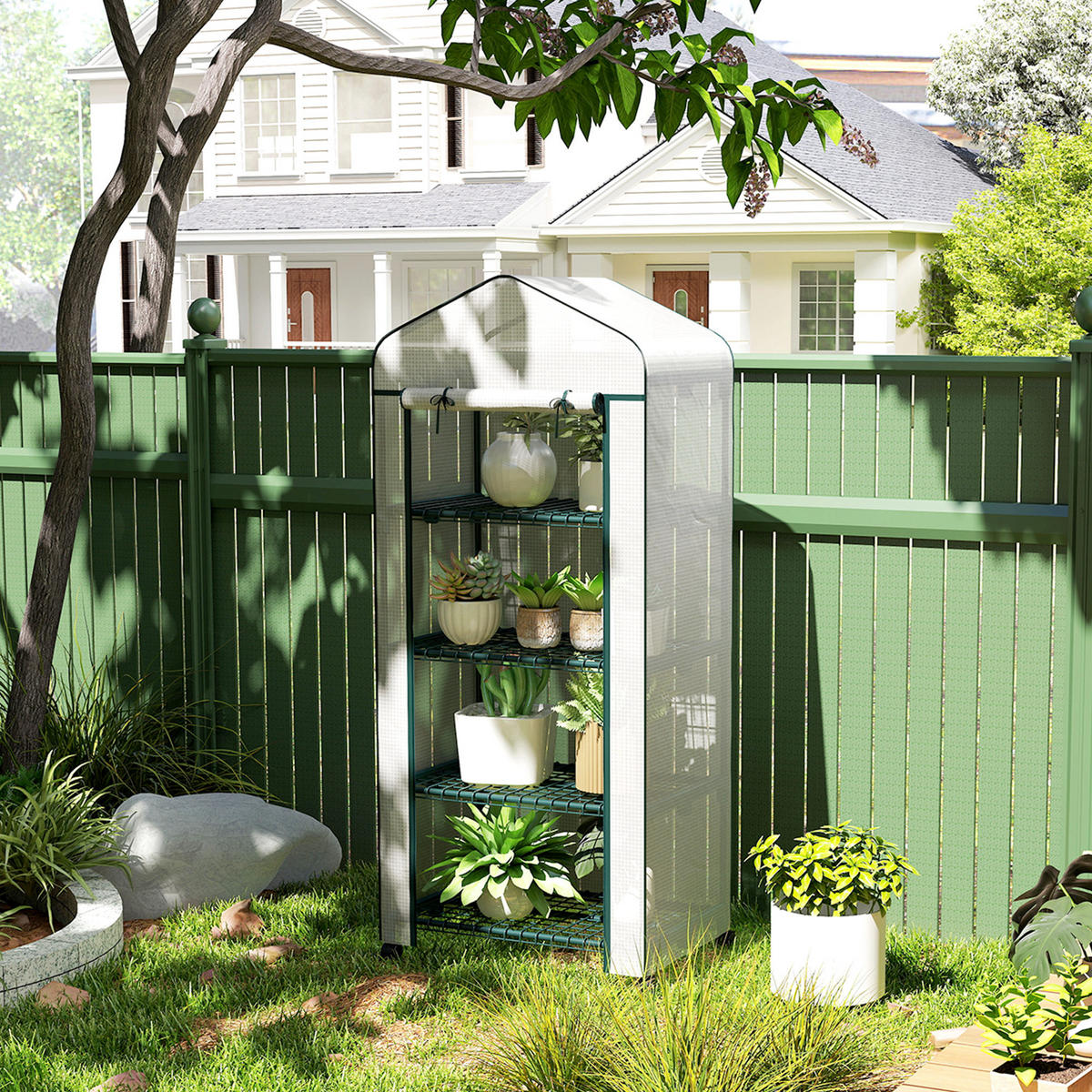 GEWÄCHSHAUS mit Rolle, Regale, winterfest Foliengewächshaus aus Stahl, Treibhaus - Weiß, Kunststoff/Metall (50/165/69cm) - Outsunny