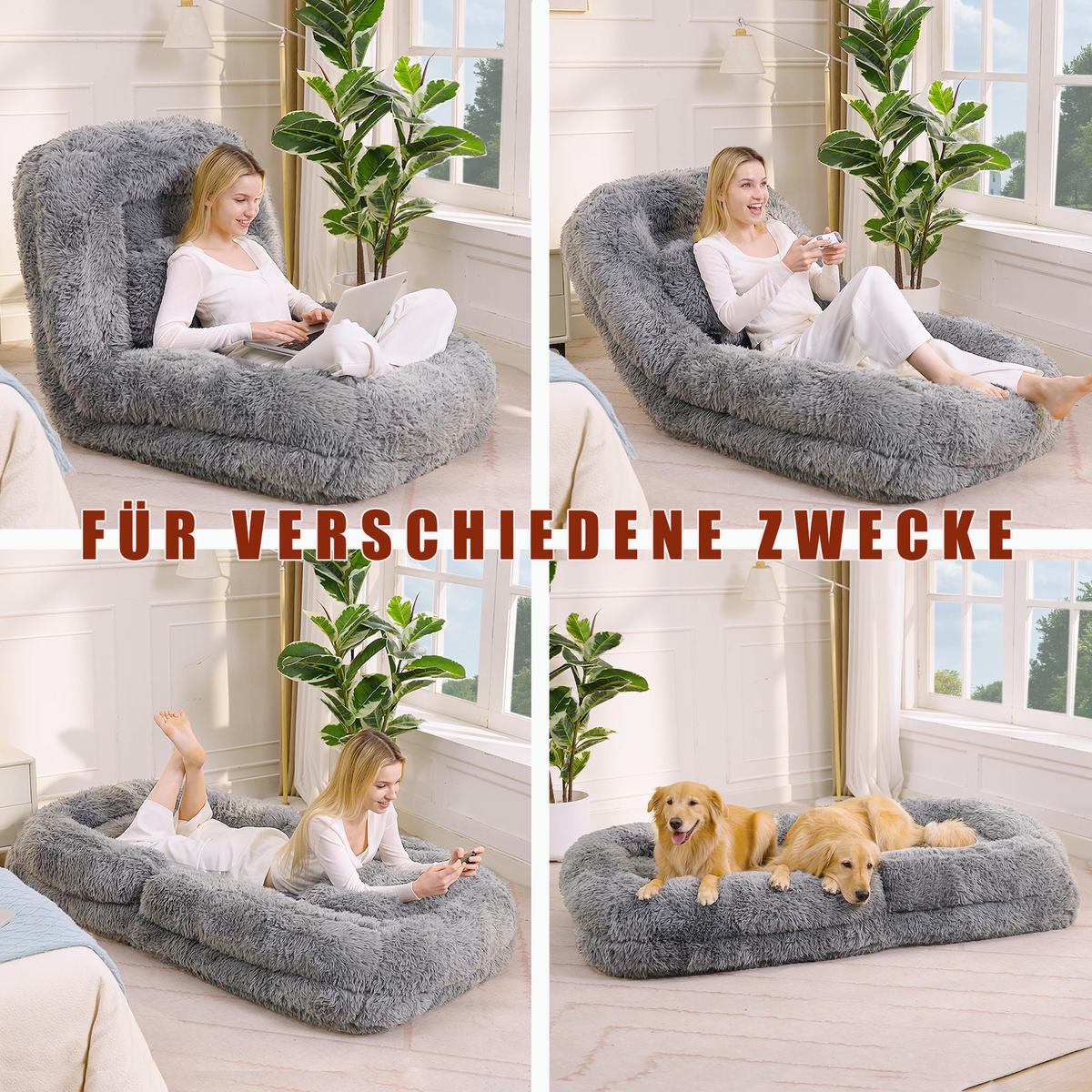 SITZSACK Plüsch Hellgrau mit Verstellfunktion und mit Kissen - Hellgrau, Holzwerkstoff/Textil (89/42/175cm) - WISHDOR