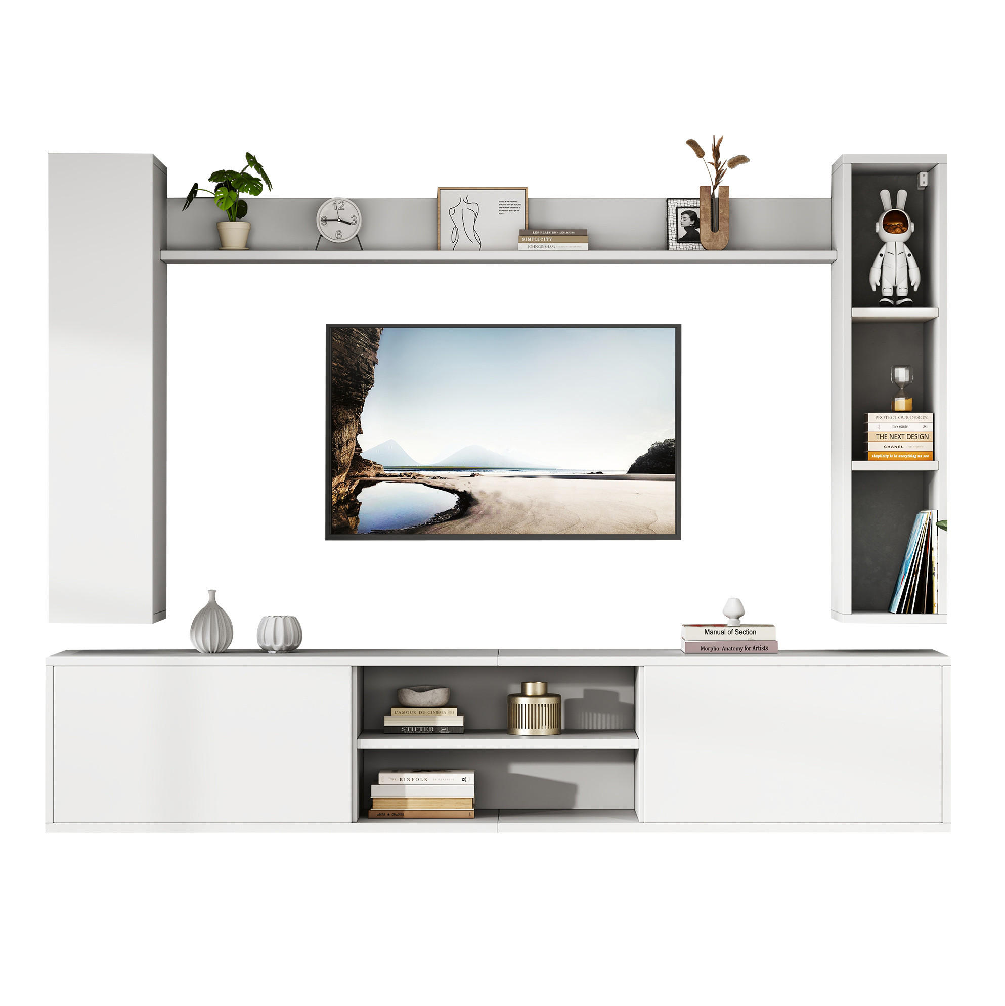 TV-WOHNWAND-SET(KOMPLETT-SET, 4-St) 180/35/33,5 cm aus Spanplatte mit flexibler Wand- und Standmontage Weiß - Weiß, Holzwerkstoff (180/33.5/35cm) - Modenvie