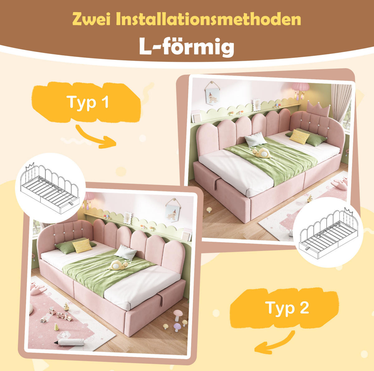 POLSTERBETT aus Samt 90x200 cm Rosa mit hydraulischem Stauraum und Kronen-Gitter-Design - Rosa, Holzwerkstoff (90/200cm) - Modfu