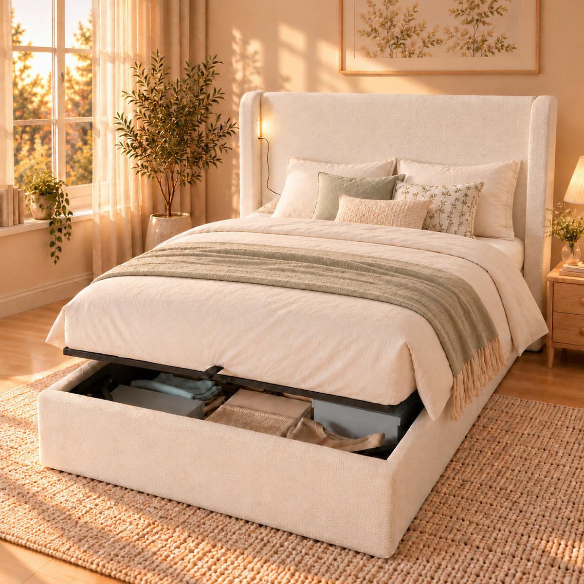 POLSTERBETT 90x200cm, Beige, Bouclé, Stauraum - Beige, Textil (90/200cm) - FLIEKS