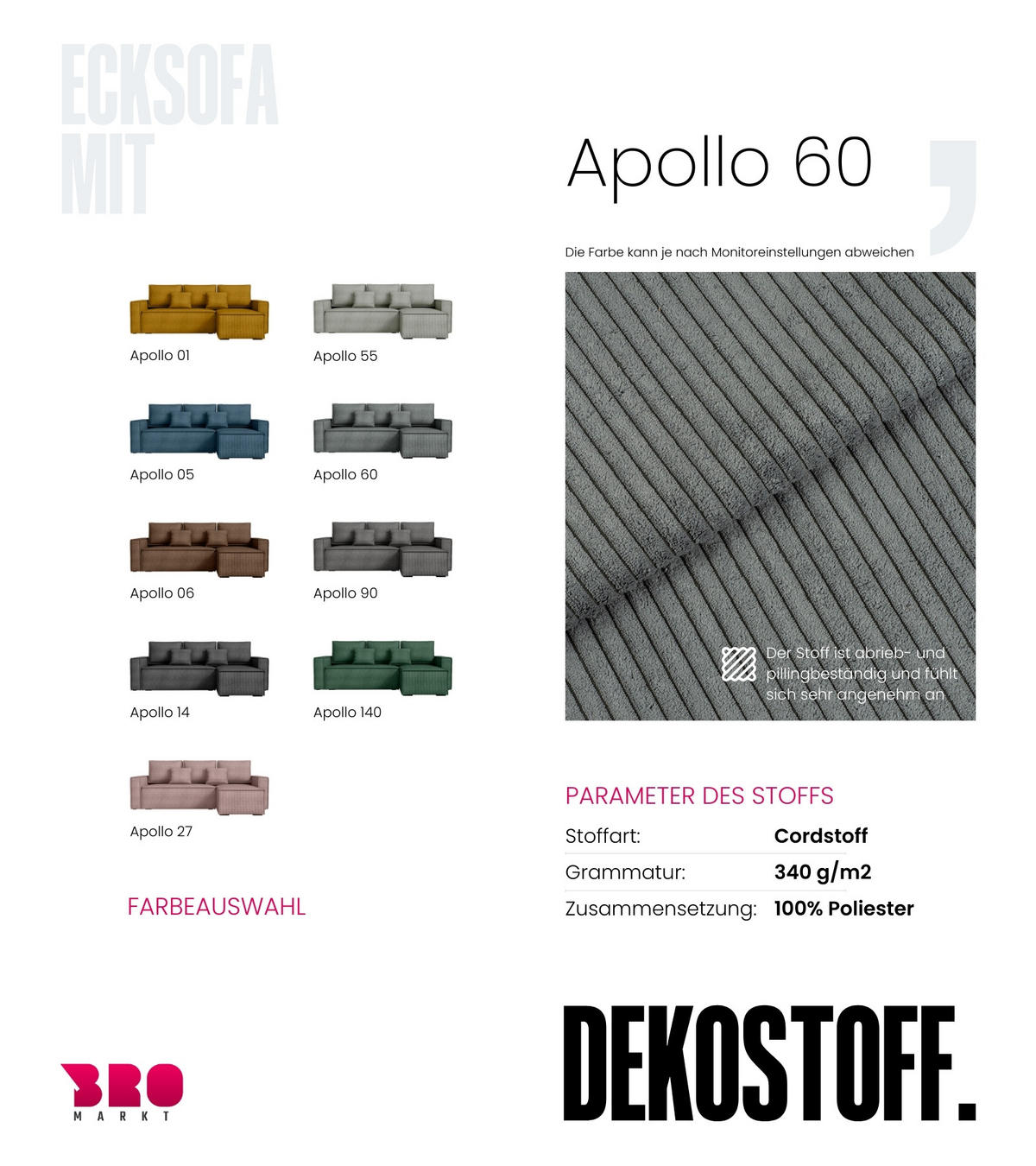 ECKSOFA Dexter mit Schlaffunktion Grau Cord - Grau, Textil (238/141cm) - Bromarkt