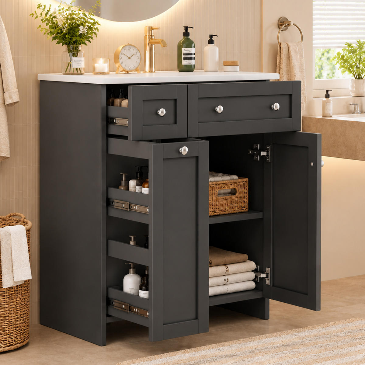 WASCHTISCHKOMBI 76/47/86 cm Schwarz mit freistehender Waschtisch und 3 Schubladen, ohne Wasserhahn - Schwarz, Holz/Holzwerkstoff (47/86/76cm) - Oxeza