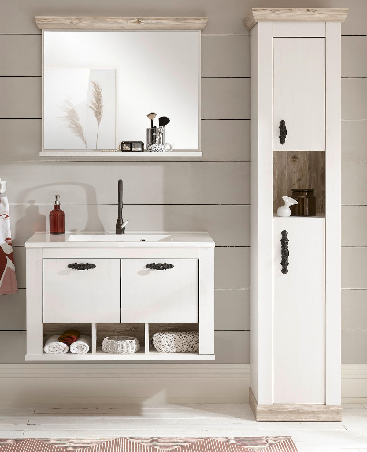 BADKOMBINATION Pinie weiß, Oslo Pinie, Landhaus Badmöbel Set 4-tlg. hängend MIT Waschbecken 143 x 200 cm - Anthrazit/Weiß, Holzwerkstoff/Metall (143/200/46cm) - Furn.Design