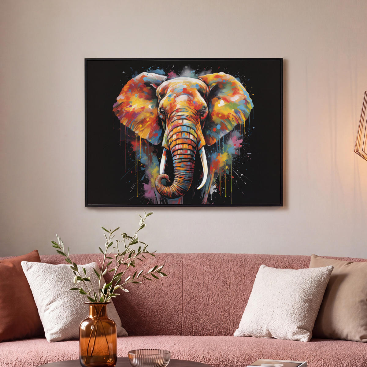LEINWAND Bilder mit Rahmen - Elefant - Graffiti - Schwarz - Tiere - Farben - 80x60 - Schwarz, Textil (80/60cm) - MuchoWow