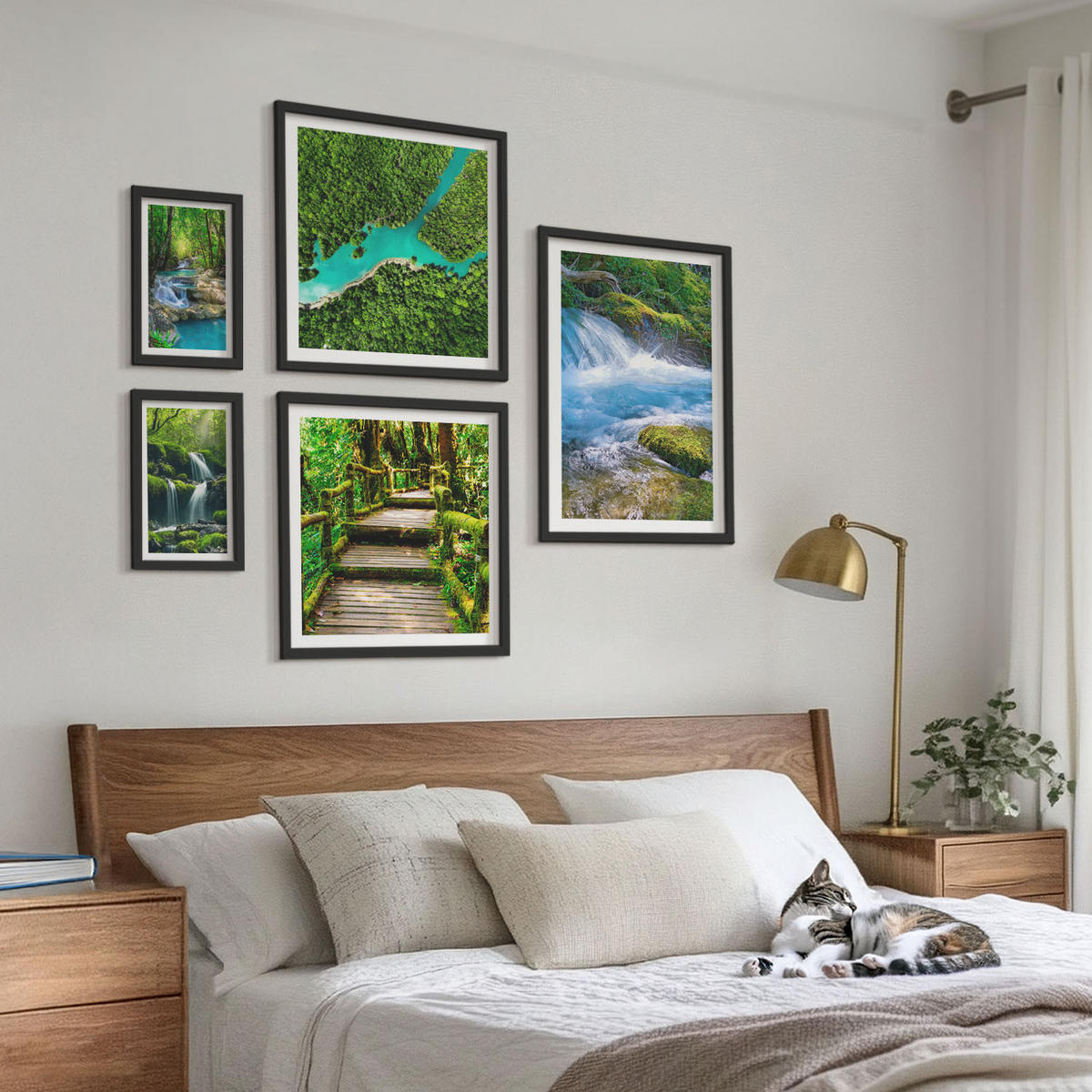 WANDBILDER 5er-Set - 50x50 cm & 20x30 cm & 40x60 cm Schwarzer Rahmen - Grüne Berge, Flussfelsen - Schwarz, Kunststoff (40/60cm) - ArtPrintCave