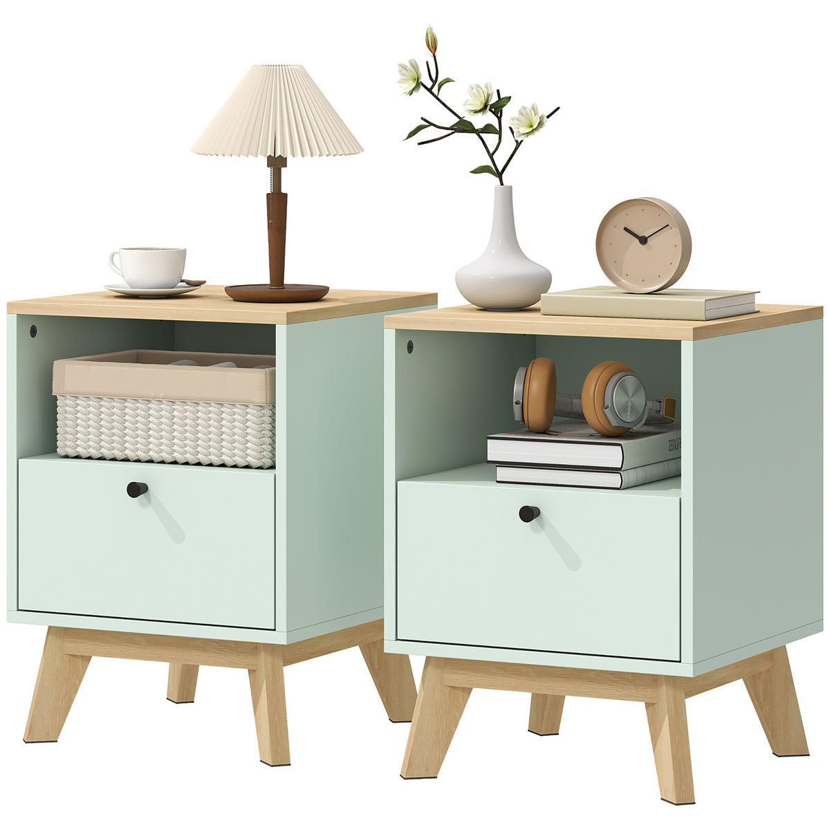 NACHTTISCH Eichenoptik Hellgrün MDF mit Schublade und offenem Fach 2er-Set - Hellgrün, Holzwerkstoff (40/55/40cm) - PANGIVO