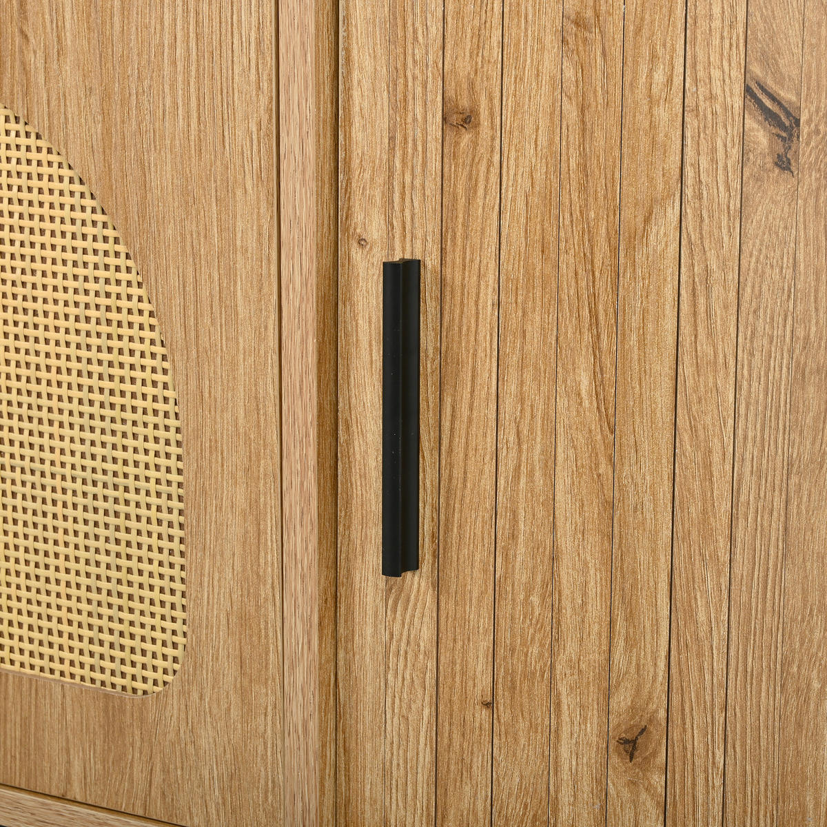 LOWBOARD in Holzoptik Ovales TV-Schrank mit Rattan und Schiebetüren, B200/T40/H49,5 - Schwarz/Naturfarben, Holzwerkstoff/Metall (200/49.5/40cm) - STILVORA
