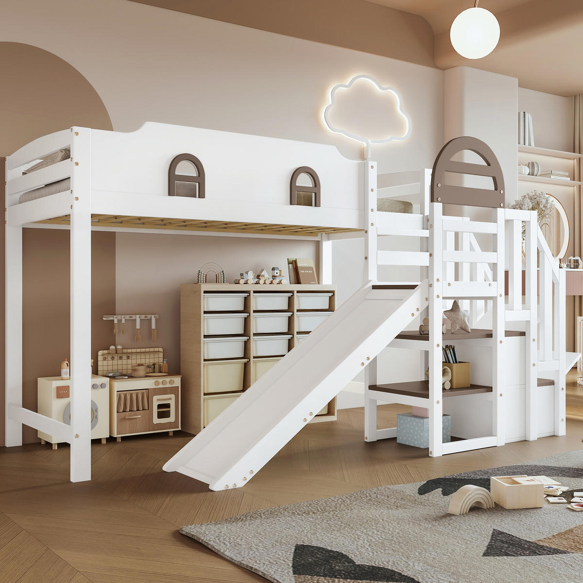 ETAGENBETT 90/200 cm mit Rutsche und Stauraumtreppe in Weiß - Weiß, Holzwerkstoff (90/200cm) - BEAOK