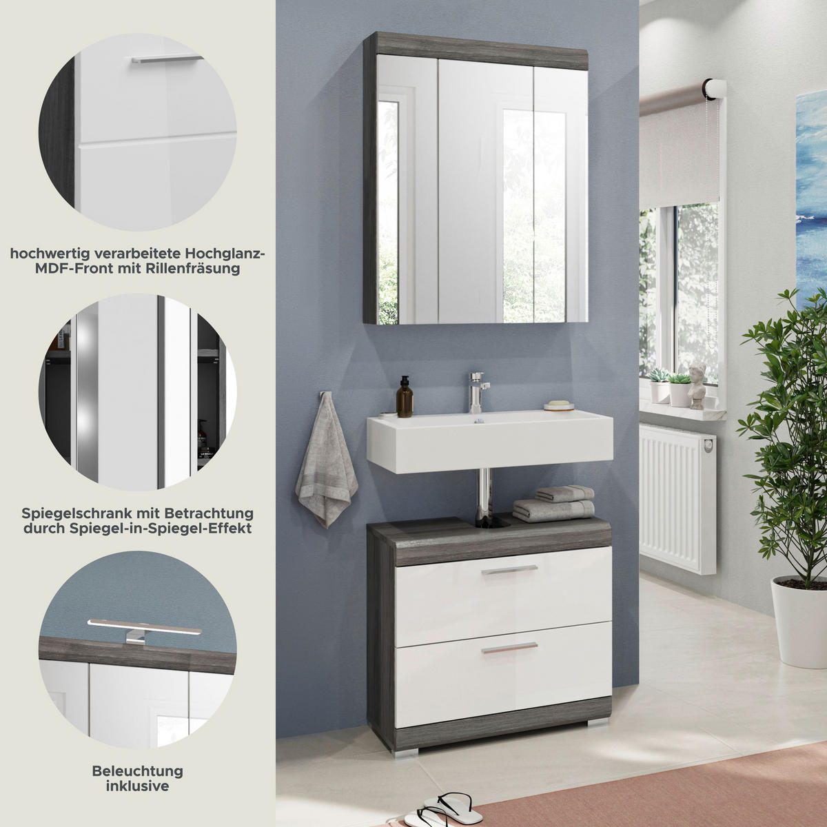 BADKOMBINATION 2tlg. Scout Bad in Rauchsilber Nachbildung und weiß hochglanz B/H/T: 60x191x34 cm - Anthrazit, Holz (60/191/37cm)