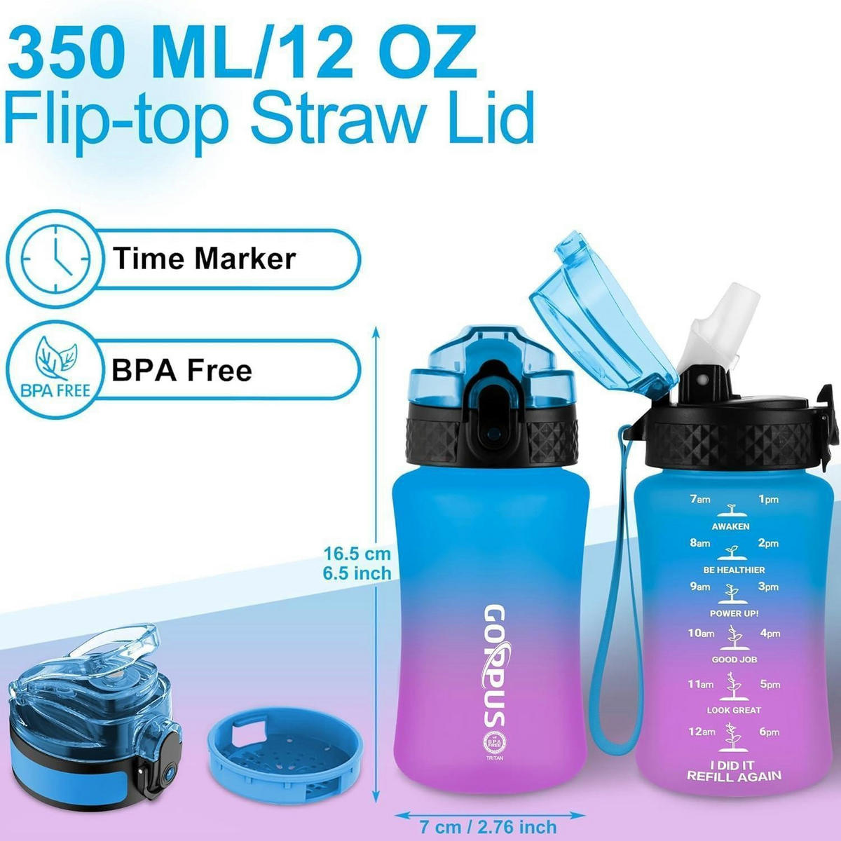 TRINKFLASCHE Kinder 350 ml mit Strohhalm und Zeitmarkierung BPA-frei Blau Lila - Multicolor, Kunststoff (7/16.5cm)