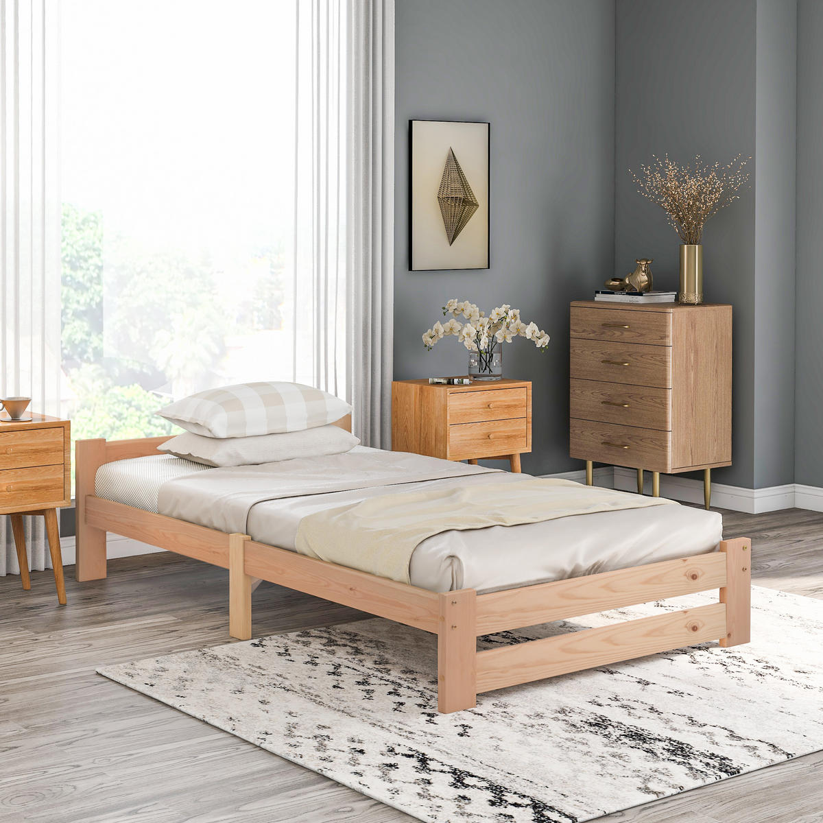 BETT 90/200 cm Natur aus Kiefer mit Kopfteil und Lattenrost - Naturfarben, Holz (90/200cm) - OKWISH