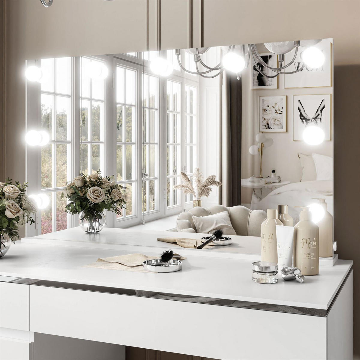 SCHMINKTISCH AURORA II SILVER ELITE mit Spiegel und Beleuchtung - Weiß Hochglanz, Holzwerkstoff (120/78.5/55cm) - Lookway