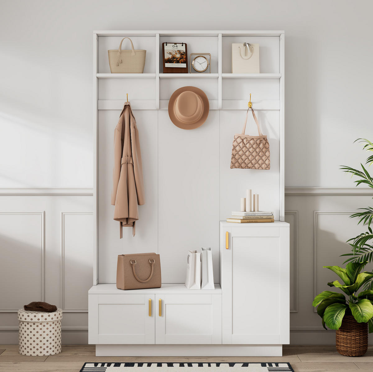 STANDGARDEROBE mit Sitzbank, 3 Haken und Schuhablage in Weiß, 120/40/200 cm - Weiß, Holzwerkstoff (120/200/40cm) - BEAOK