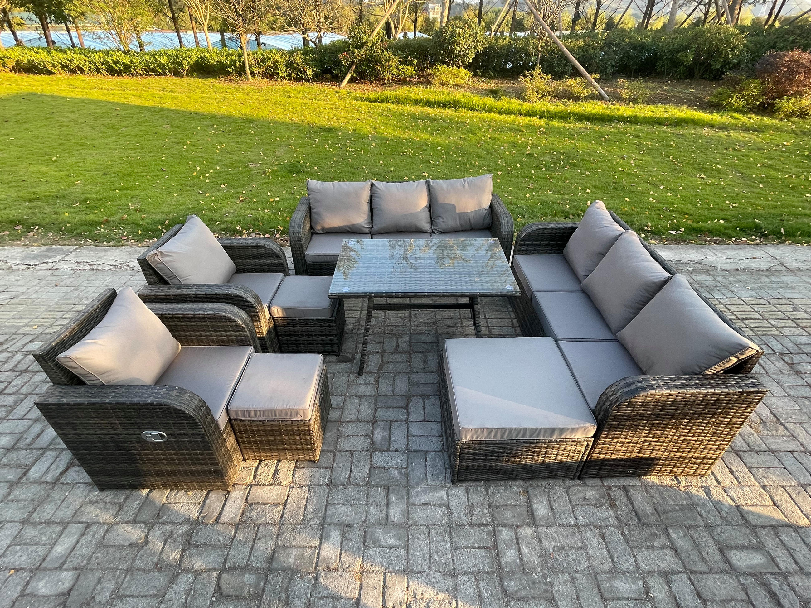 GARTENSET Hohe Rückenlehne Polyrattan 11-Sitzer - Dunkelgrau/Grau, Glas/Kunststoff - Fimous